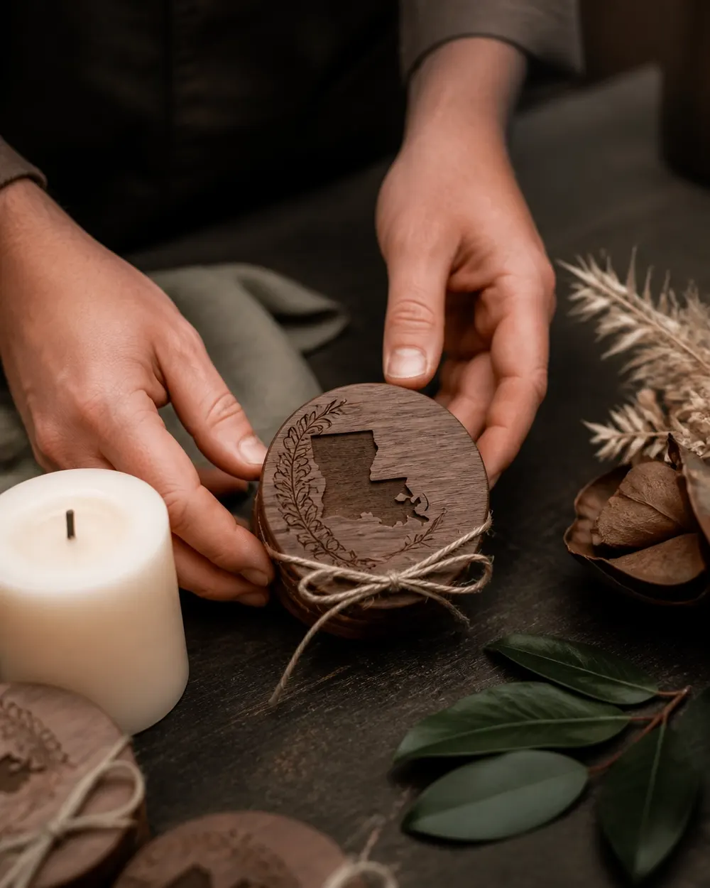 Personalized wedding favor being placed on a dark workbench