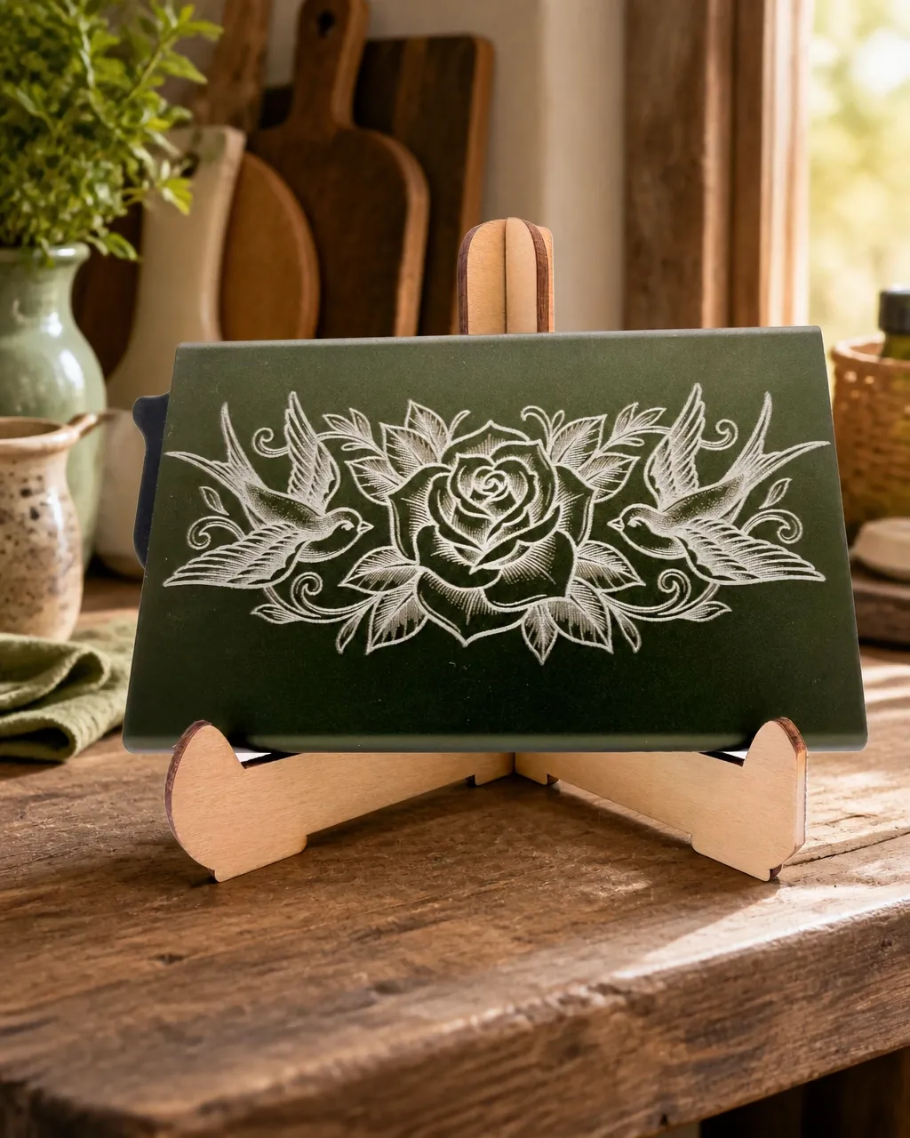 Green wallet with laser-engraved rose and bird artwork on a wooden display stand