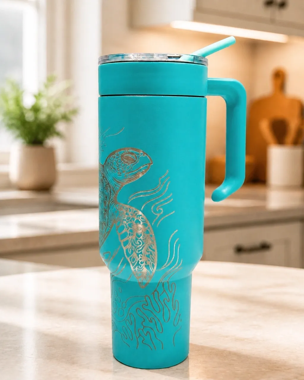Close-up of sea turtle mandala laser engraving on the back of a turquoise tumbler
