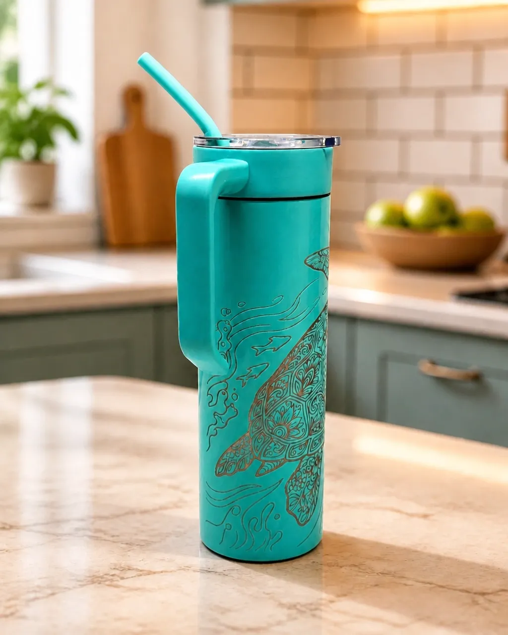 Close-up detail of the laser-engraved sea turtle mandala on a turquoise tumbler