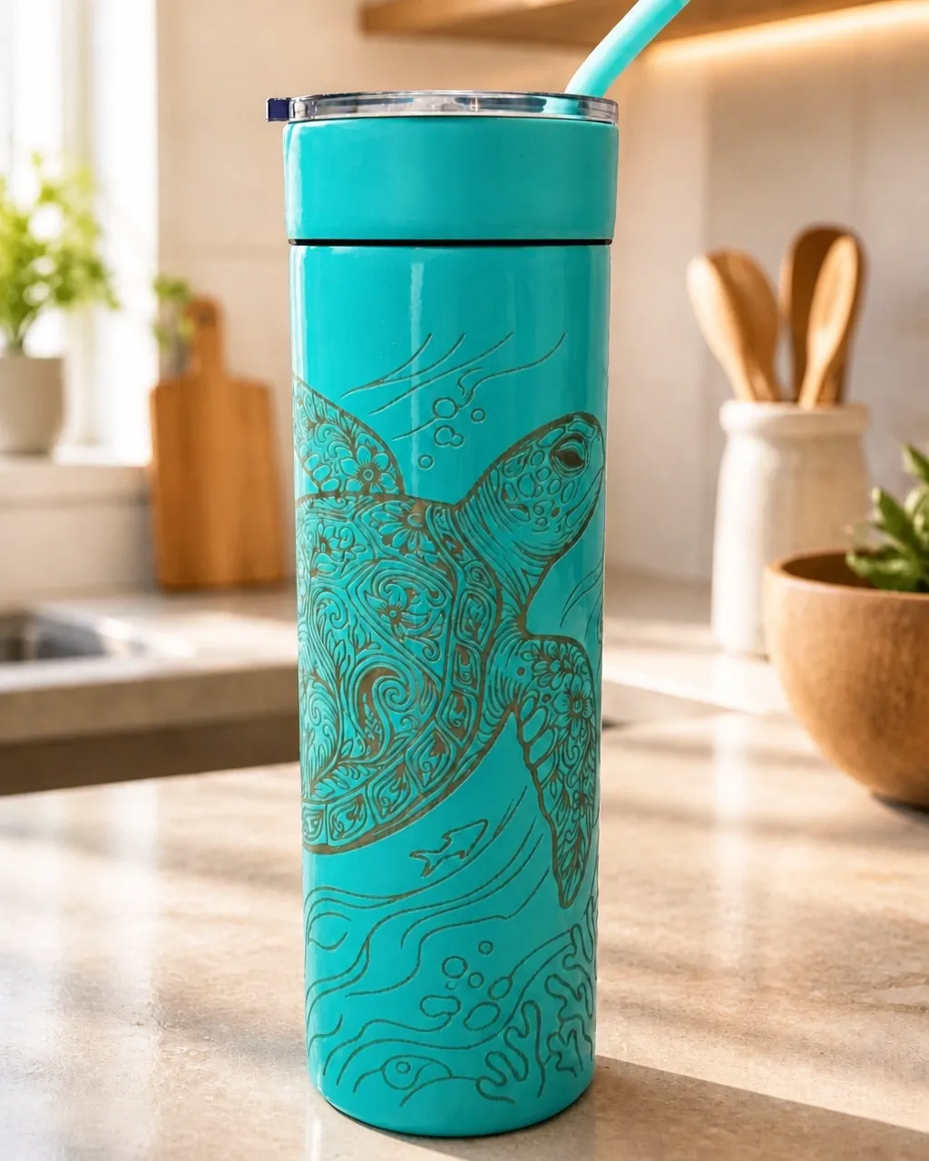 Laser-engraved turquoise sea turtle tumbler arranged with its gift presentation box
