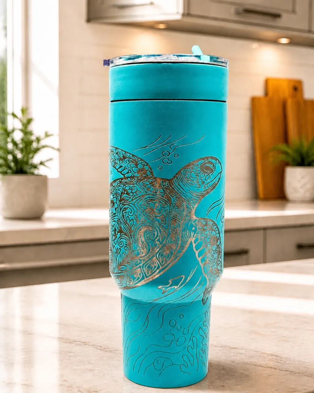 Angled view of a turquoise tumbler with laser-engraved sea turtle mandala artwork
