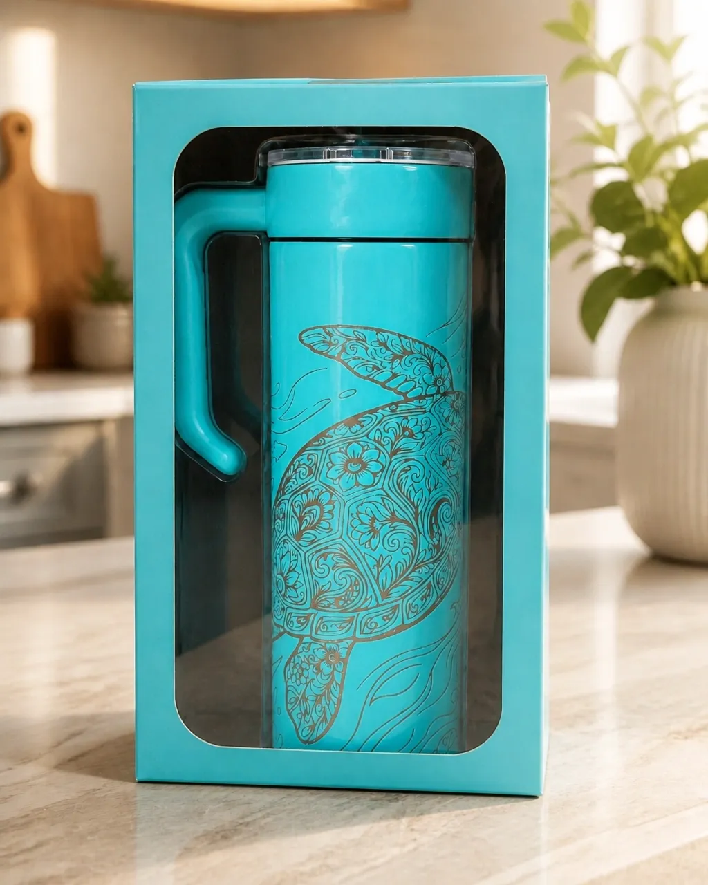 Top-angle view of a turquoise tumbler with laser-engraved sea turtle artwork