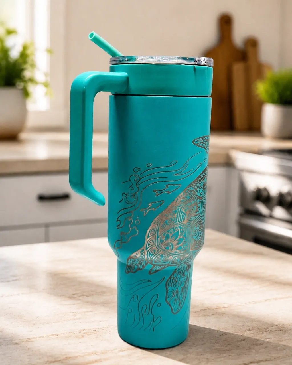 Turquoise tumbler with a laser-engraved sea turtle mandala design, front view